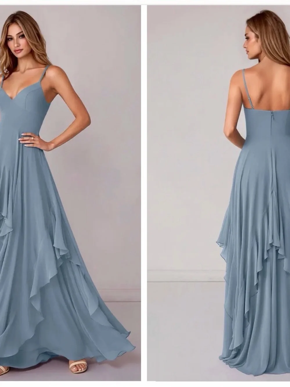 Azazie Zania Elegant Dusty Blue Spaghetti-Strap Evening Dress